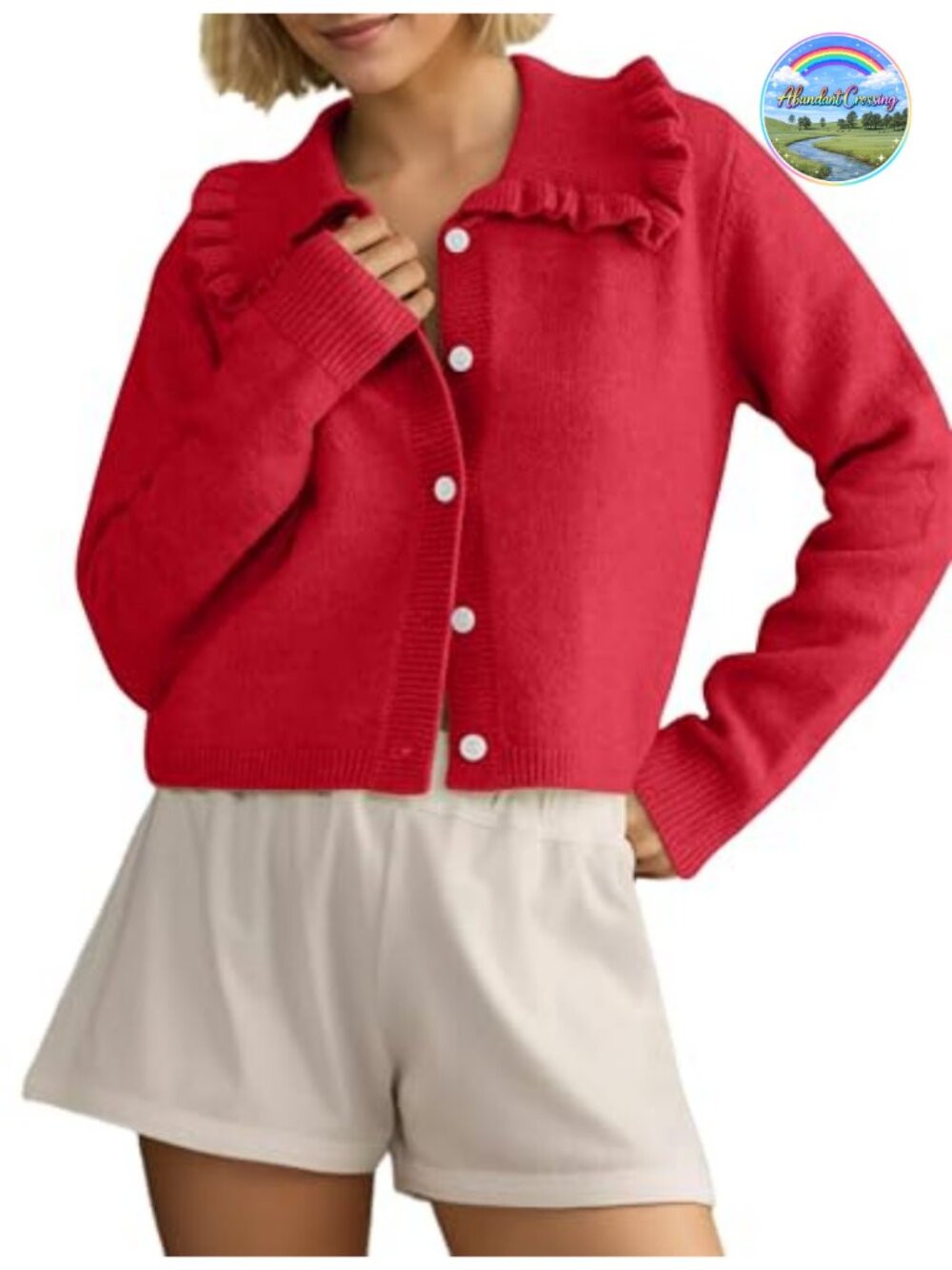 Ruffle Collar Button Down Knit Cardigan Sweater Preppy Cropped